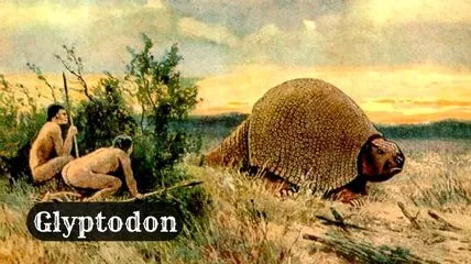 A painting of prehistoric animal Glyptodon and humans. Humans are hiding from Glyptodon.