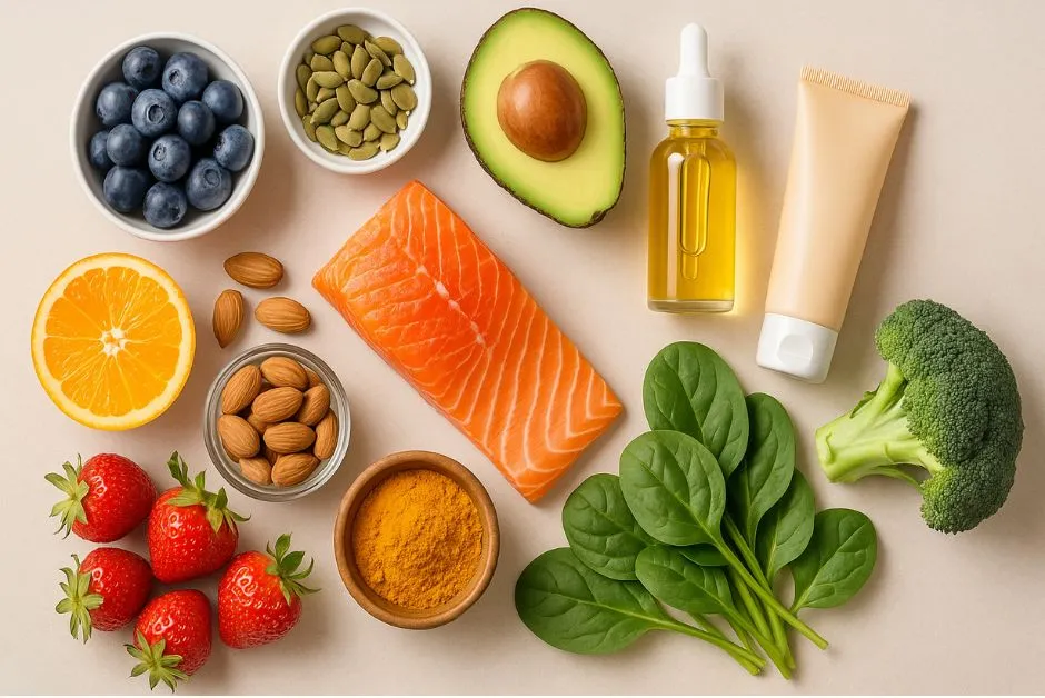 A beautifully styled flat lay featuring all nine miracle foods for glowing skin artfully arranged alongside a few minimalist skincare essentials (think a natural face oil or a gentle cleanser). The color palette is vibrant and inviting, with a soft, diffused light creating an overall "glowy" and healthy vibe. The style is clean, modern, and perfectly Pinterest-worthy, embodying a holistic beauty and wellness lifestyle, showcasing the best food for skin and highlighting the power of foods for glowing skin.
