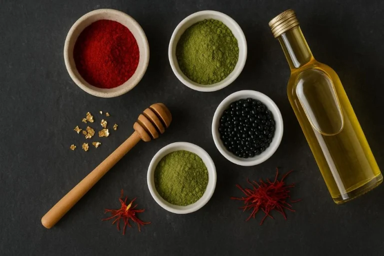 An elegant overhead flat lay on a dark, possibly slate or textured stone surface, showcasing a curated collection of premium "secret food for skin glow" ingredients. The arrangement includes a small bowl of vibrant red powder (edible flowers or a spice), a small bowl of bright green matcha powder, a small white bowl filled with glistening black caviar, a wooden honey dipper resting near a scattering of edible gold flakes, a small bottle of golden-hued oil (avocado or truffle oil), a few strands of delicate saffron, and a larger, tilted bottle of pale yellow oil. The lighting is soft and diffused, highlighting the textures and rich colors of each ingredient, creating a sense of luxury, exclusivity, and a beauty-from-within theme favored by celebrities. The overall composition is artful and suggests a high-end beauty ritual.