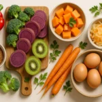 A vibrant and inviting flat lay featuring all nine best foods for glowing skin (red bell peppers, organic broccoli florets, purple sweet potato slices, kiwifruit halves, ripe papaya chunks, ground flaxseeds in a small bowl, a small dish of sauerkraut/kimchi, organic carrots, and pasture-raised eggs). The arrangement should be artful and visually appealing, possibly with some fresh herbs or a wooden cutting board as props. The lighting should be soft and natural, emphasizing the fresh and healthy nature of the foods good for skin. The overall style should be clean, modern, and Pinterest-worthy, conveying a sense of healthy beauty and the power of food for glowing skin.