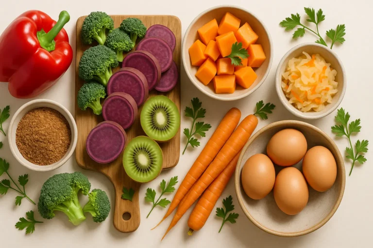 A vibrant and inviting flat lay featuring all nine best foods for glowing skin (red bell peppers, organic broccoli florets, purple sweet potato slices, kiwifruit halves, ripe papaya chunks, ground flaxseeds in a small bowl, a small dish of sauerkraut/kimchi, organic carrots, and pasture-raised eggs). The arrangement should be artful and visually appealing, possibly with some fresh herbs or a wooden cutting board as props. The lighting should be soft and natural, emphasizing the fresh and healthy nature of the foods good for skin. The overall style should be clean, modern, and Pinterest-worthy, conveying a sense of healthy beauty and the power of food for glowing skin.
