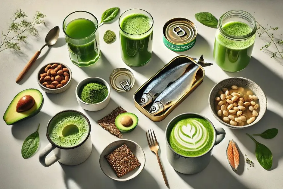 A flat lay showcasing all seven key components of the 3 day glowing skin diet: a vibrant green juice, a can of wild-caught sardines, a steaming mug of bone broth, a green smoothie with avocado and spirulina, a small bowl of fresh berries with macadamia nuts, a vibrant green matcha latte, and a small spoonful of wild-caught salmon roe on a cracker. The arrangement should be clean and modern, with a focus on the fresh, high-quality ingredients. Soft, natural light should create an overall "glowy" and healthy vibe, emphasizing the potential for radiant skin.