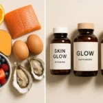 A split image: on one side, a curated selection of colorful foods for glowing skin (oranges, almonds, salmon, sweet potato, eggs, oysters, berries). On the other side, a few sleek bottles of skin glow vitamins. The lighting should be bright and inviting, emphasizing the freshness of the food and the modern appeal of the supplements. The overall style should be clean, modern, and beauty-lifestyle, prompting the viewer to consider both options for achieving radiant skin.