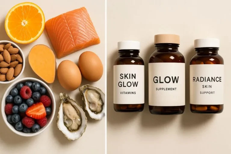 A split image: on one side, a curated selection of colorful foods for glowing skin (oranges, almonds, salmon, sweet potato, eggs, oysters, berries). On the other side, a few sleek bottles of skin glow vitamins. The lighting should be bright and inviting, emphasizing the freshness of the food and the modern appeal of the supplements. The overall style should be clean, modern, and beauty-lifestyle, prompting the viewer to consider both options for achieving radiant skin.
