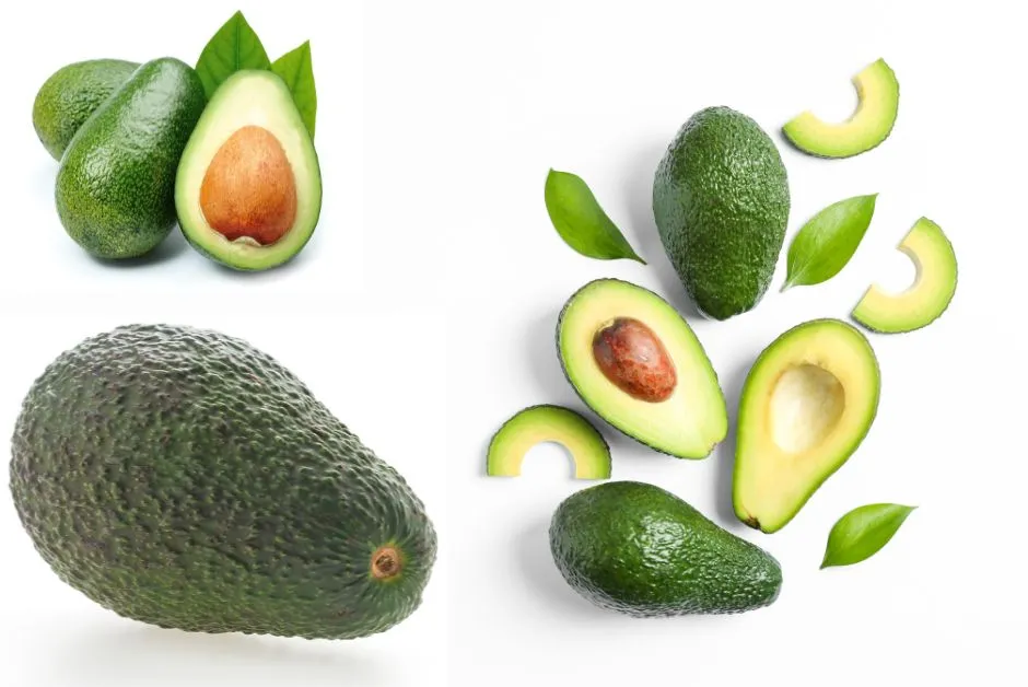 A vibrant collage of fresh, green avocados. The top left features whole and halved avocados, showcasing their rich, creamy texture and large central pit. The bottom left is a detailed close-up of a single whole avocado, highlighting its bumpy, dark green skin. The right side presents a dynamic arrangement of whole avocados, halves with their pits and skin removed, and thin, elegant slices, all accented with fresh green leaves. This image beautifully represents the Best Food For Skin Glow.