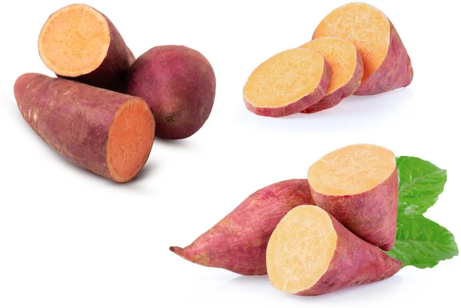 Fresh sweet potatoes, rich in beta-carotene and vitamins, one of the best foods for skin glow and healthy complexion.